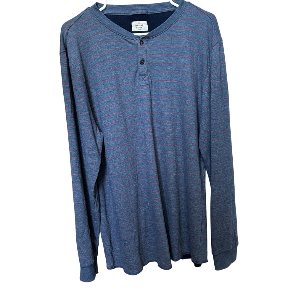 Marine Layer Henley XL Blue Red Striped Long Sleeve Raw Hem Shirt